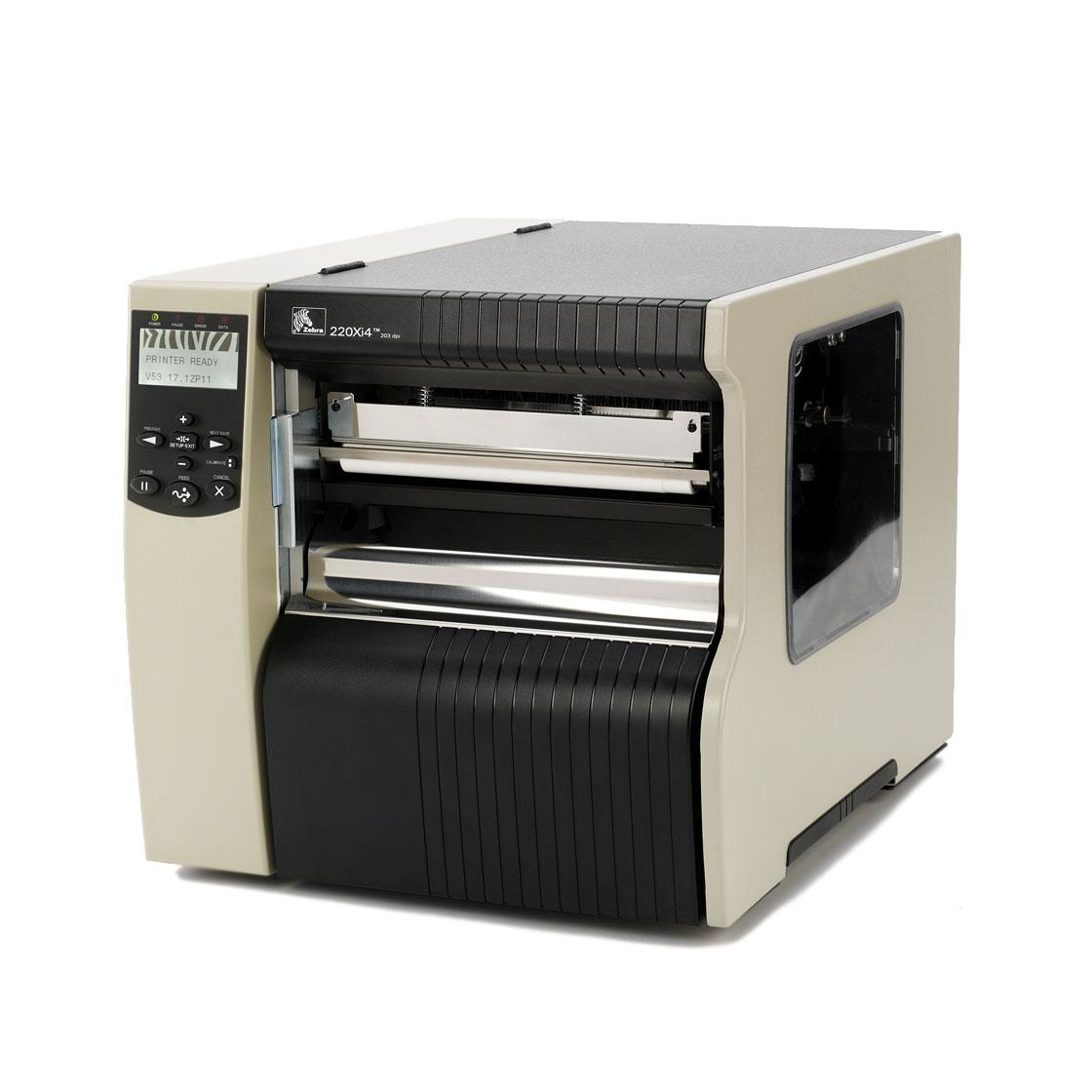 220Xi4; 203dpi,  Swiss 721 font, Serial, Parallel, USB, Int 10/100, b/g Print Server, Rewind with Peel, 16MB Flash, Bifold Media Door