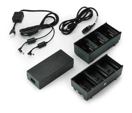 Two 3 slot battery chargers (charges 6 batteries) with power supply and Y cable; ZQ600, QLn or ZQ500. UK power cord included