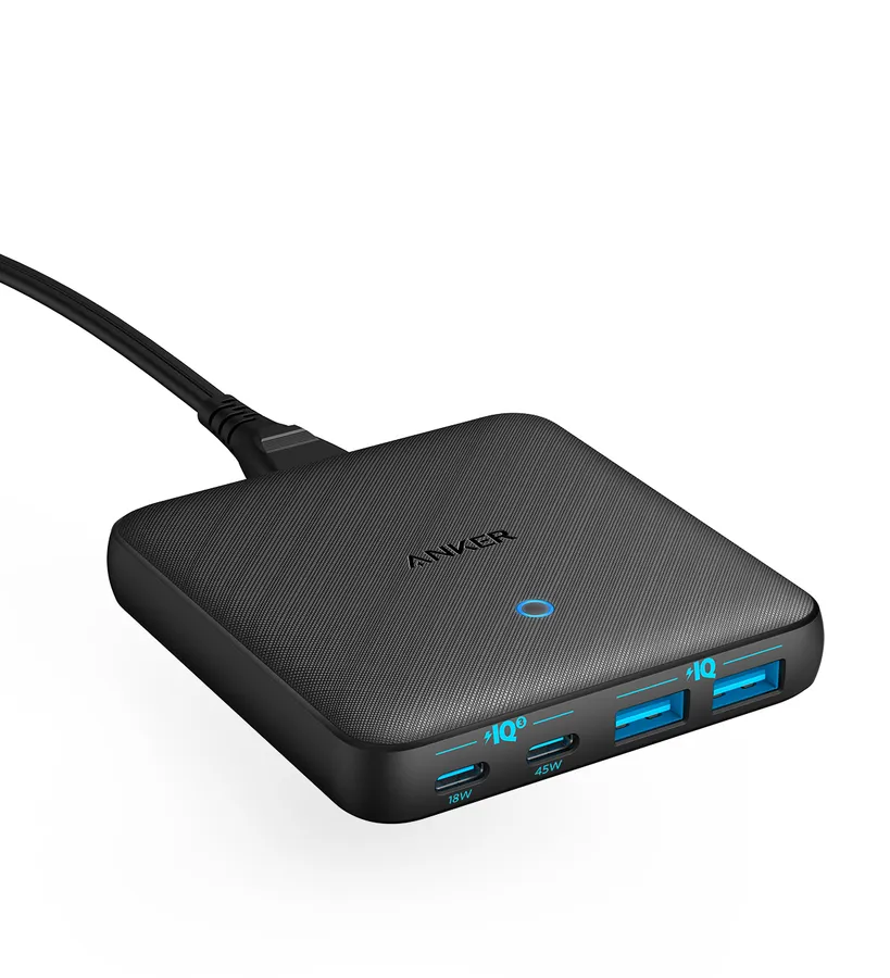 Incarcator de retea Ultra Slim Anker PowerPort 543 Atom 65W, PowerDelivery, 2x USB-C, 2x USB-A  PowerIQ 3.0, Fast Charge, Negru