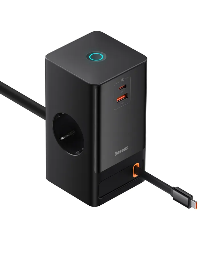 Incarcator retea Baseus PowerCombo Digital PowerStrip, 2 prize AC, 1x USB-C, 1x USB-A, cablu retractabil USB-C, 65W, lungime cablu 1.5m, Negru