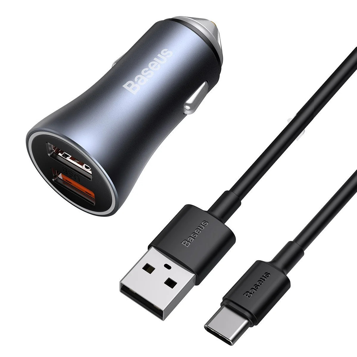 Incarcator auto Baseus Golden Contactor Pro Dual, Incarcare rapida, 2x USB, 40W, cablu USB-A la USB-C inclus, Gri