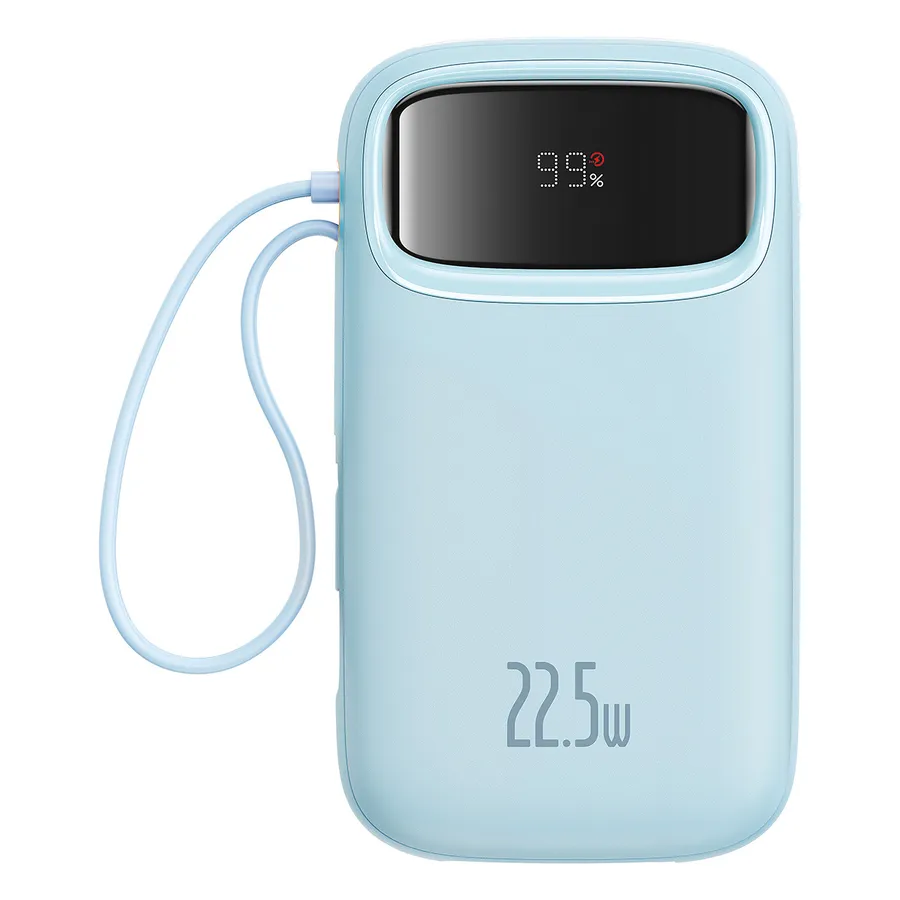 Baterie externa Baseus Qpow2, 10.000 mAh, cablu dual USB-C si Lightning incorporat, Incarcare rapida, 22.5W, Digital Display, Albastru