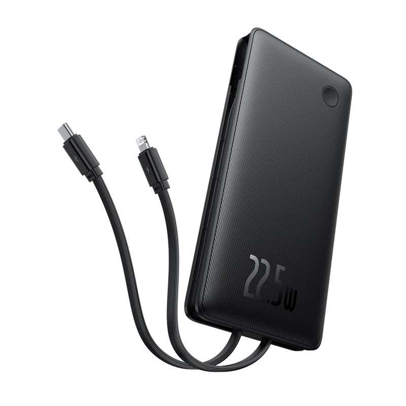 Baterie externa Baseus Airpow Lite, 10000mAh, 22.5W, Incarcare rapida, USB-C, USB-A, cablu dual Lightning si USB-C, Negru