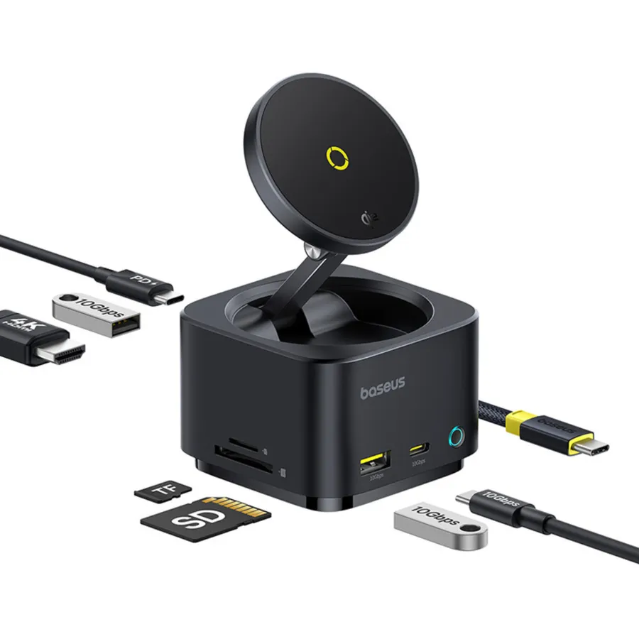 Docking station Baseus MagPro Series 7-in-1, incarcare wireless magnetica 15W, 4K HDMI, 2x USB-A, 1x UBS-C, 1x TF/SD, 1x PD, Negru
