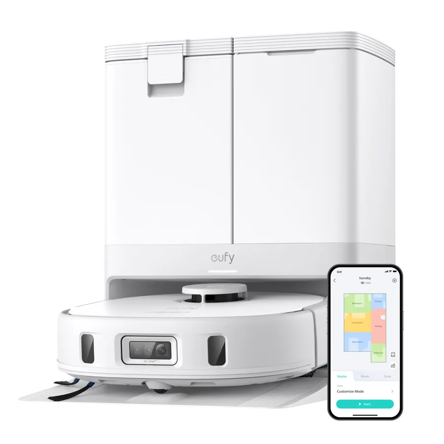 Aspirator robot eufy X10 Pro Omni, 8,000 Pa, Tehnologie MopMaster 2.0, Recipient de praf de 2.5L cu golire automata + uscarea mopului la 45°C, Rezervor de apa de 3L, Autonomie de 173 min, Evitare a obstacolelor cu AI, Alb