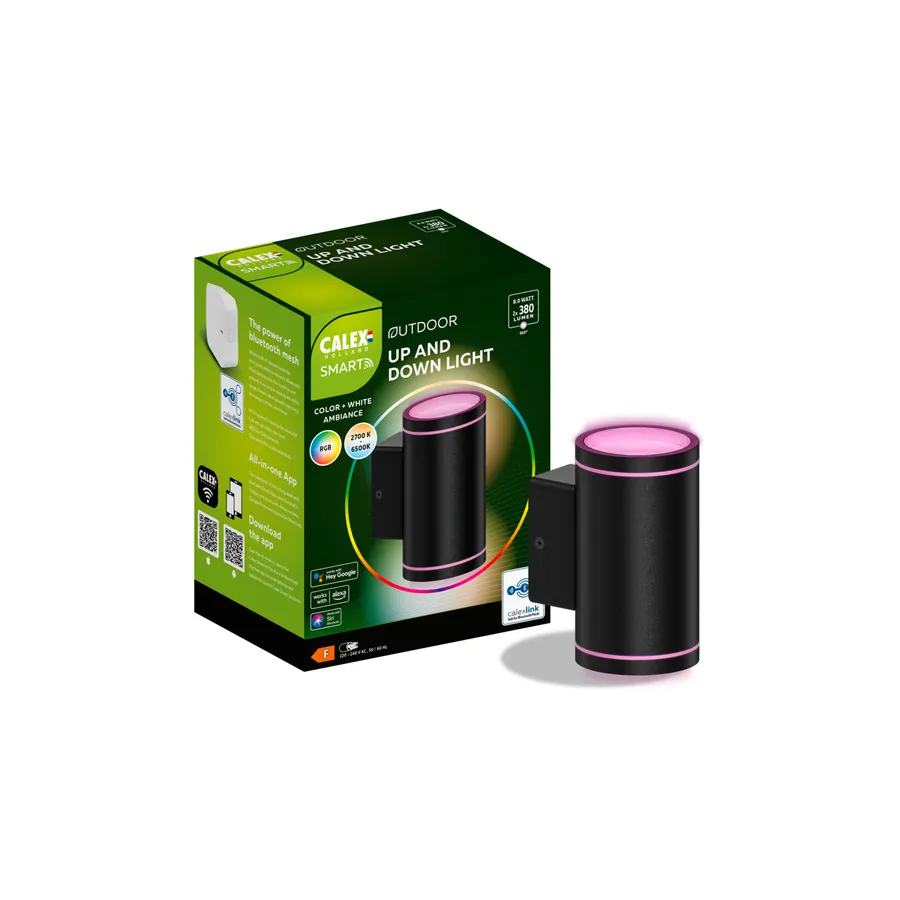 Aplica de perete LED Calex Smart, RGB + alb cald, 4W, IP44, 380 lm, clasa F, Negru