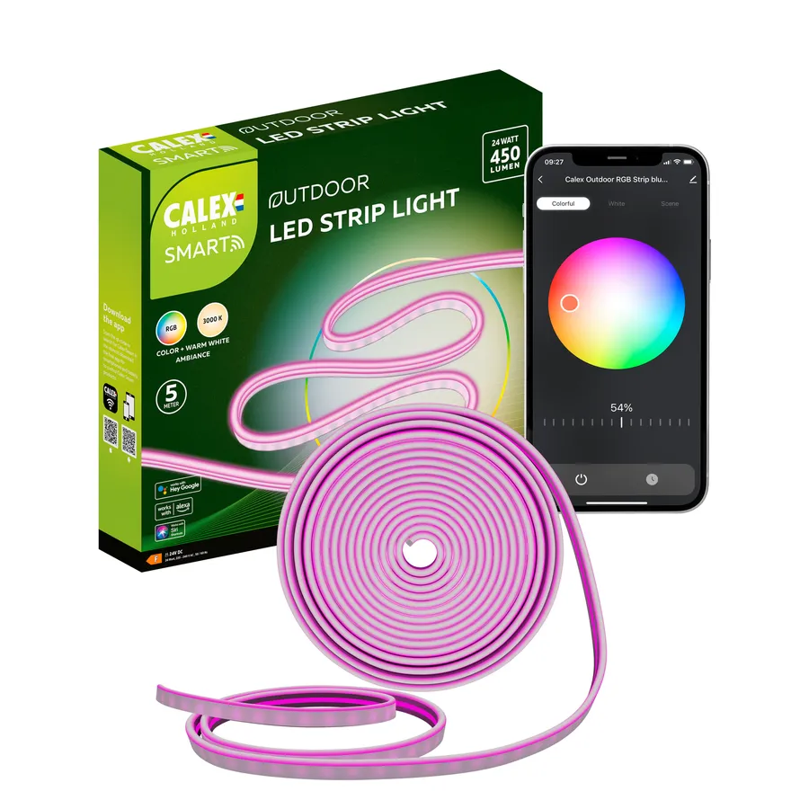 Banda LED inteligenta pentru gradina Calex Smart, 5m, RGB + alb cald, 24W, IP44, 450 lm, clasa F, Multicolor