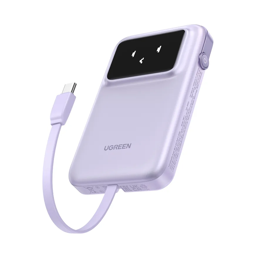 Baterie externa UGREEN Uno 10.000 mAh, 30W, cablu USB-C incorporat, Violet