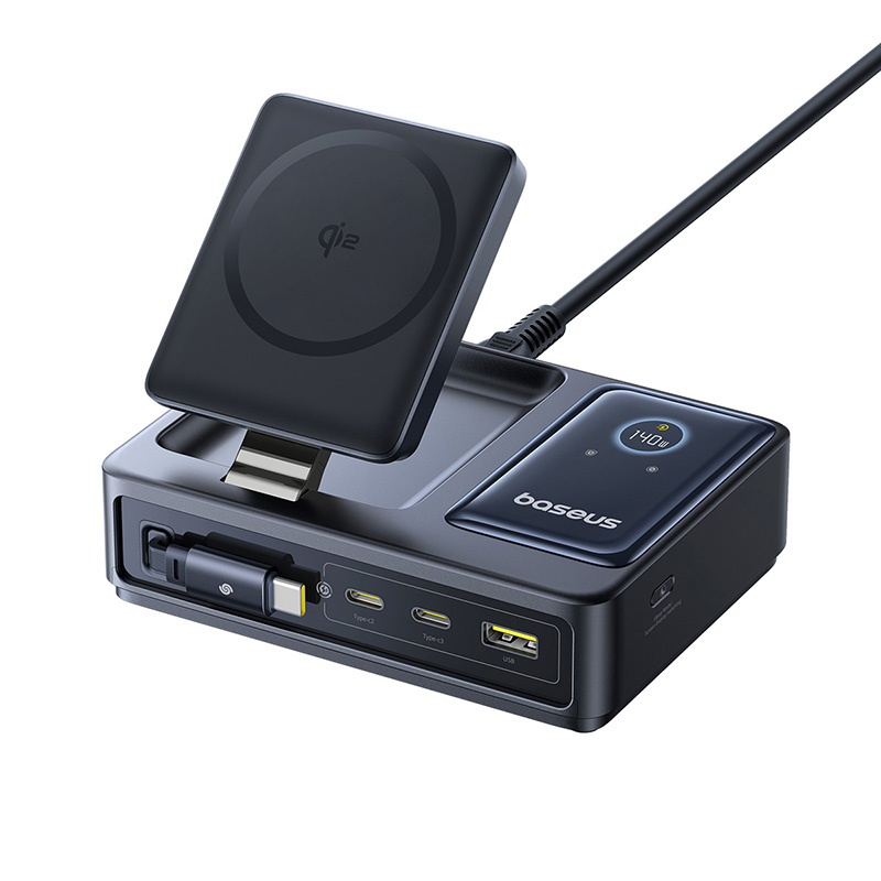 Statie de incarcare Baseus Nomos 5in1 Desktop Charger Qi2, 140W, Wireless Display Digital, Negru