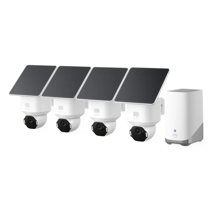 Kit supraveghere video eufy Security SoloCam E42, Rezolutie 4K, cu Panou Solar, AI, Pan&Tilt, Recunoastere faciala, HomeBase S380 + 4 camere video