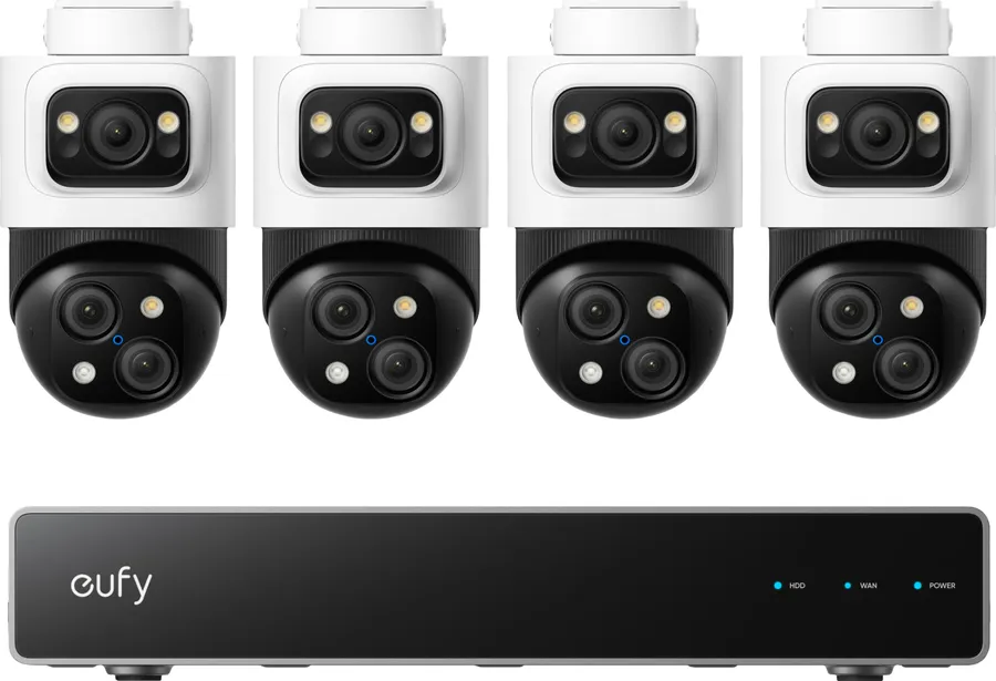 Kit supraveghere video eufy PoE NVR S4 Max, Rezolutie 4K, AI, IP65, cu 4 camere PTZ Bullet cu 3 lentile