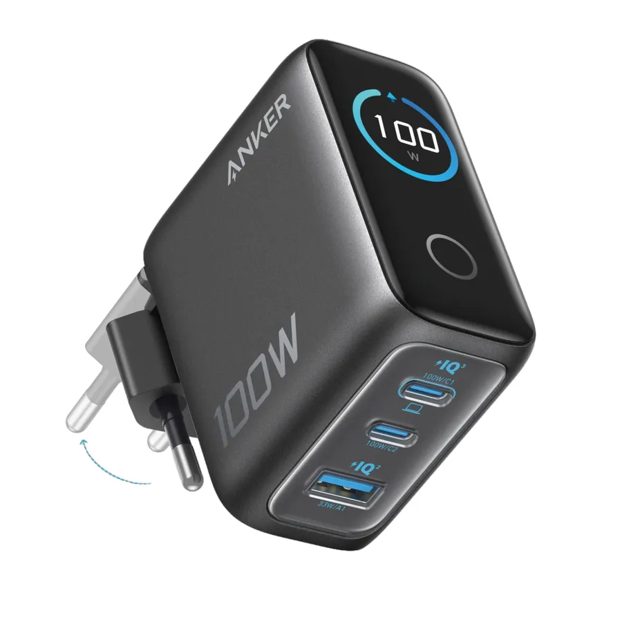 Incarcator retea Anker 100W, 2x USB-C, 1x USB-A, Smart-Display, Gri
