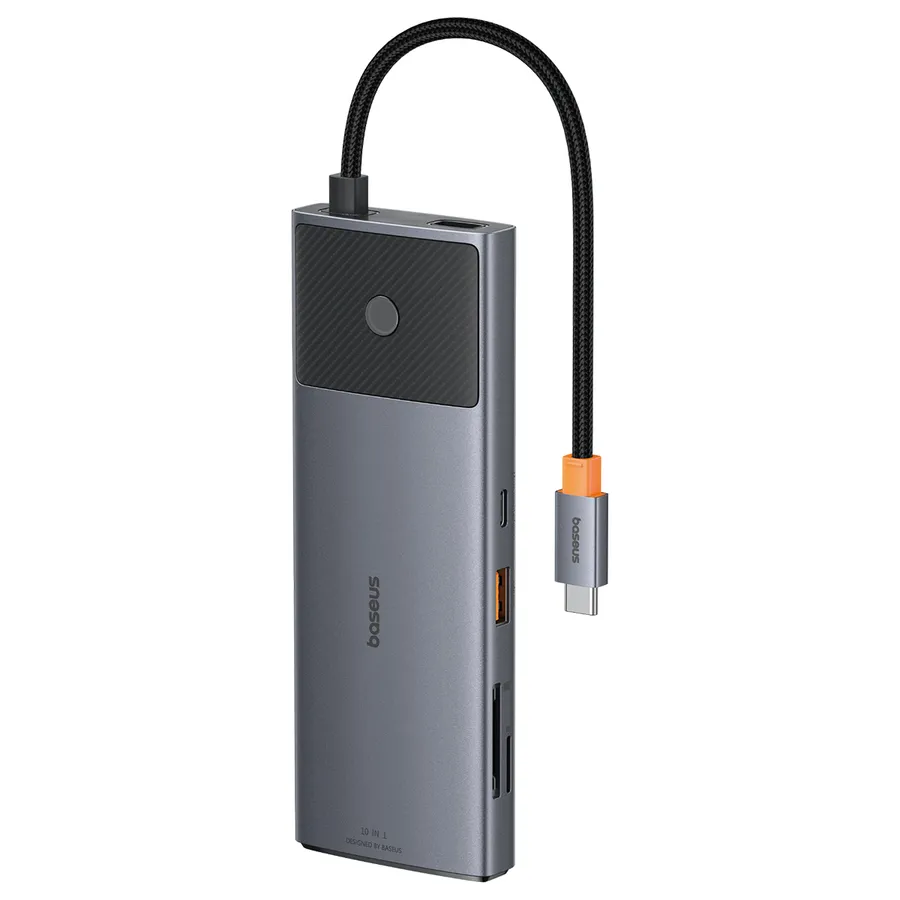 Hub Baseus Dual Display 10-in-1 USB-C la 2x HDMI 4K, PD 100W, 3x USB-A, 2x USB-C, RJ45 10Gbps, SD/TF, Negru