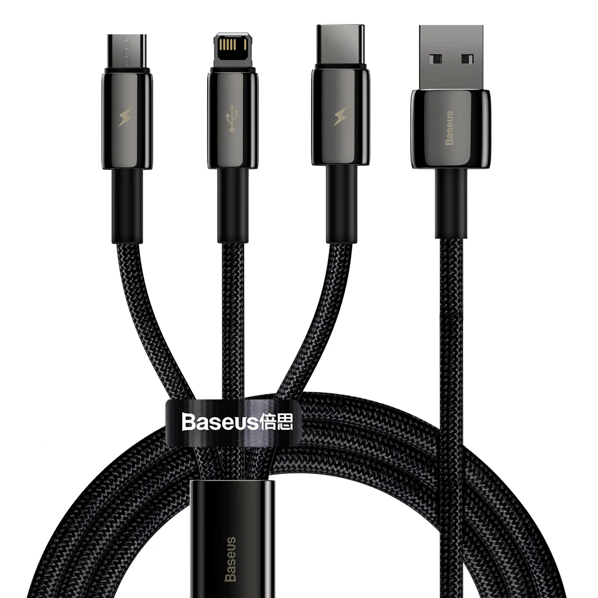 Cablu Baseus Tungsten Gold One 3-in-1 USB-A la 1xUSB,C, 1xLightning, 1xMicro-USB, 1.5m, Negru