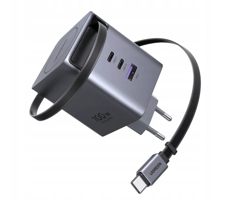 Incarcator retea Ugreen Nexode 100W, GaN Fast Charger, 2x USB-C, 1x USB-A, cu cablu retractabil, Gri