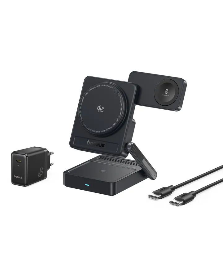 Incarcator wireless Baseus PicoGo AF21 3-in-1, Qi2.2, 35W, cu incarcator retea 45W, Negru