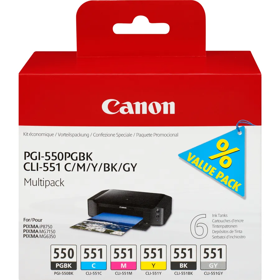 PGI-550/CLI-551PGBK/C/M/Y/BK/GY/MULTI PACK/VALUE PACK NON-BLIST