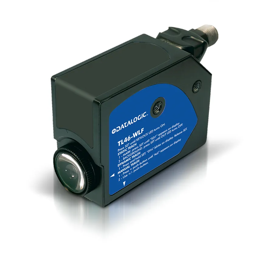 TL46-W-815L = Contrast sensor 8mm. basic horizontal spot RGB Emission delay input npn/pnp out  -  M12