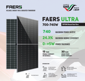 Panou Fotovoltaic Monocristalin FAERS ULTRA TOPCon, Bifacial Dual Glass, 700W, 22.55% Module Efficiency, Silver Frame, 2384x1303x35mm, IP68, 132 celule 2x[11X6]