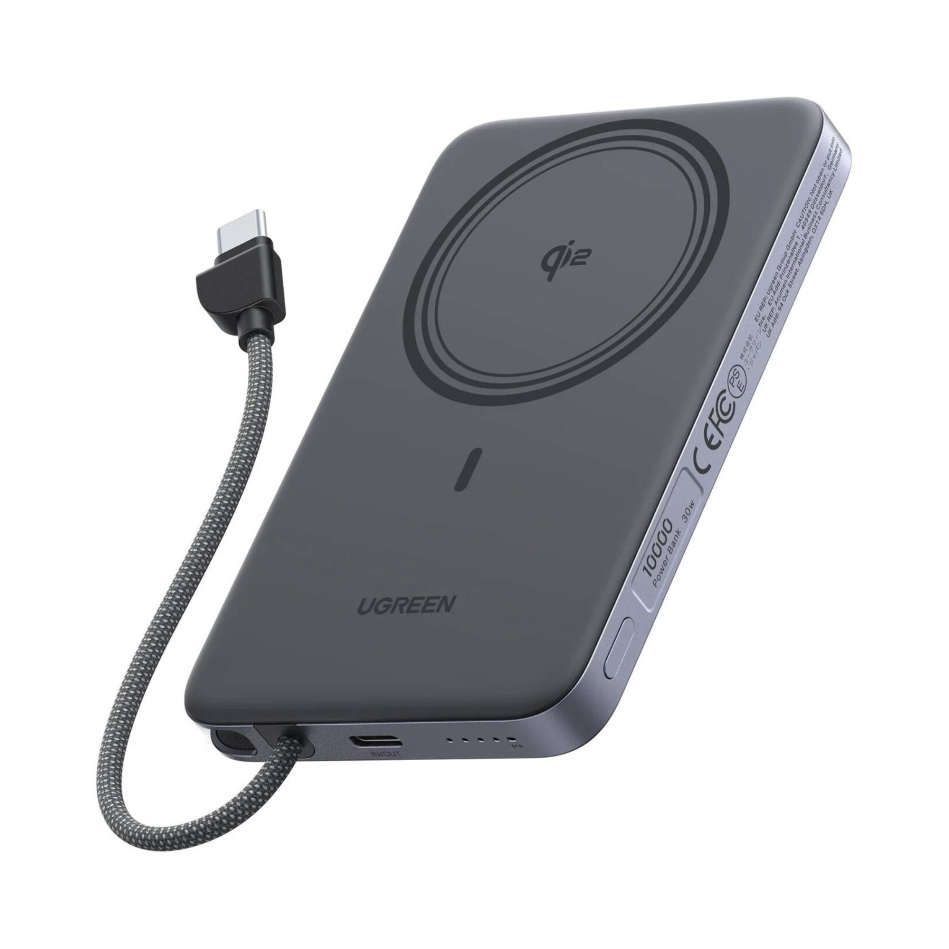 Baterie externa Ugreen MagFlow Air 10.000 mAh, Wireless, 15W, Qi, compatibila MagSafe, Gri