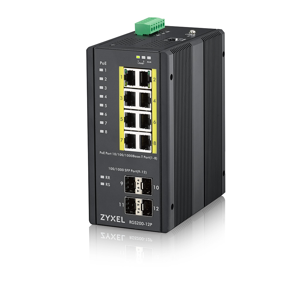 Zyxel Switch unmanaged Layer2 12 Port - 8x 1 GbE - PoE Budget 240 Watt - 8x PoE at - 4x SFP - Industrial - fara ventilator - RGS200-12P