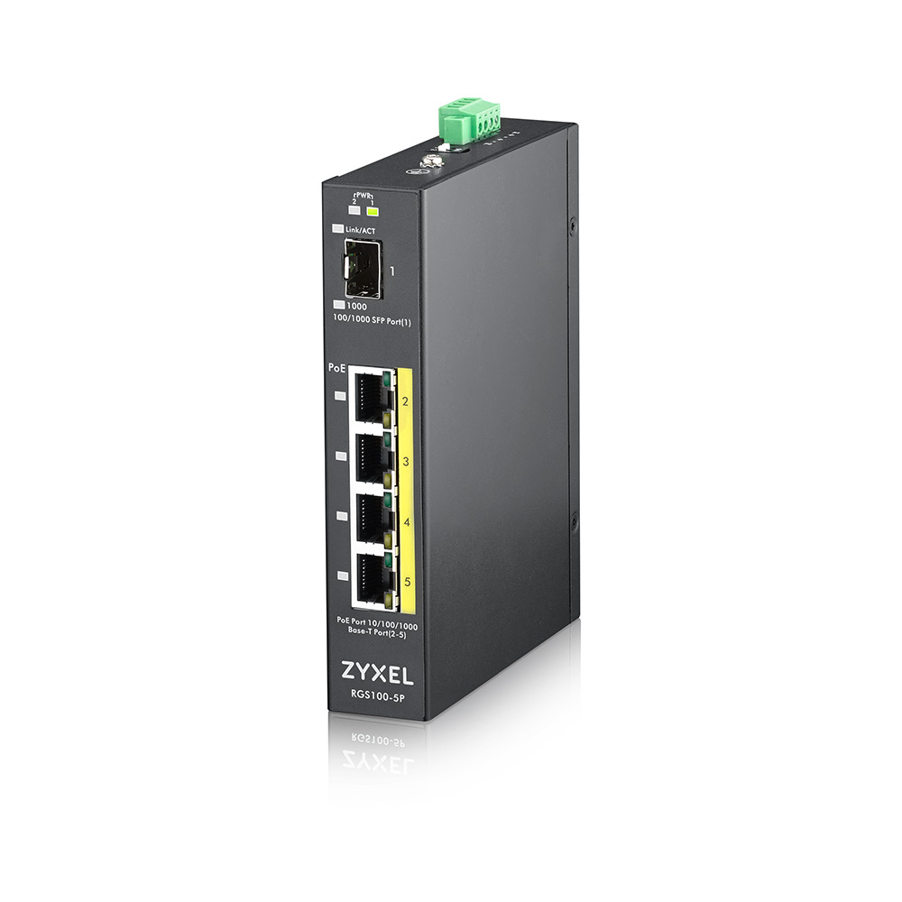 Zyxel Switch unmanaged Layer2 5 Port - 4x 1 GbE - PoE Budget 120 Watt - 4x PoE at - 1x SFP - Industrial - fara ventilator - RGS100-5P