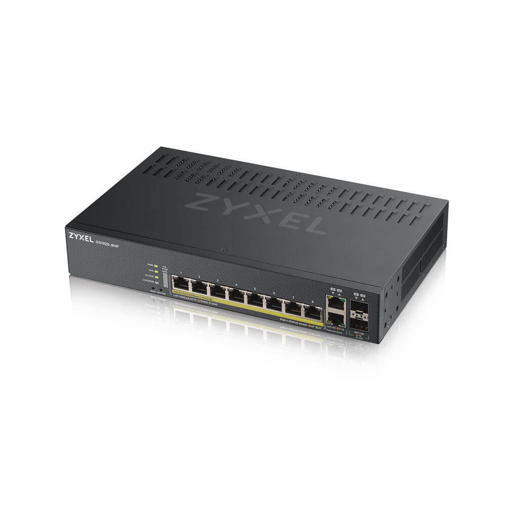 Zyxel Switch smart managed Layer2 10 Port - 8x 1 GbE - PoE Budget 130 Watt - 8x PoE at - 2x 1 Gb Combo - Desktop - fara ventilator - NebulaFlex - GS1920-8HPV2