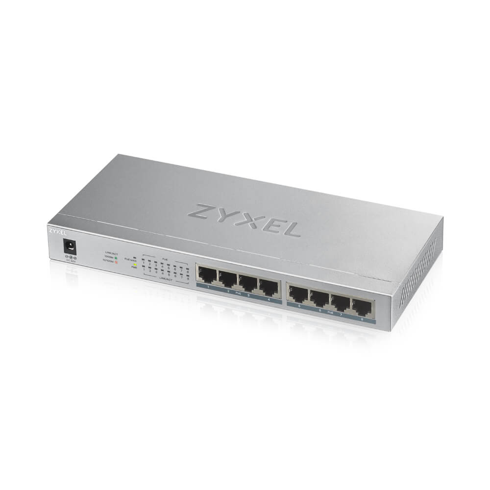Zyxel Switch unmanaged Layer2 8 Port - 8x 1 GbE - PoE Budget 60 Watt - 8x PoE at - Desktop - fara ventilator - GS-1008HP