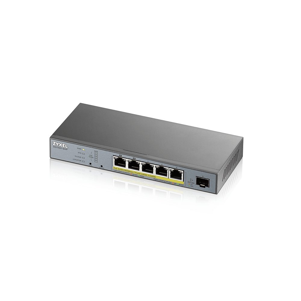 Zyxel Switch smart managed Layer2 6 Port - 5x 1 GbE - PoE Budget 60 Watt - 5x PoE at - 1x SFP - Desktop - fara ventilator - GS1350-6HP