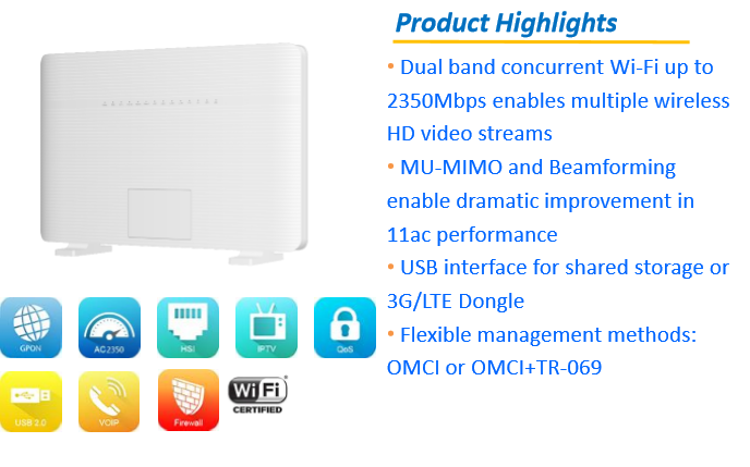 ZTE FTTH GPON F680 V9.0 Wi-Fi AC dual band Gateway cu 1x GPON Eingang - 4x RJ-45 Gigabit - 2x RJ-11 VOIP si 2x USB Ports
