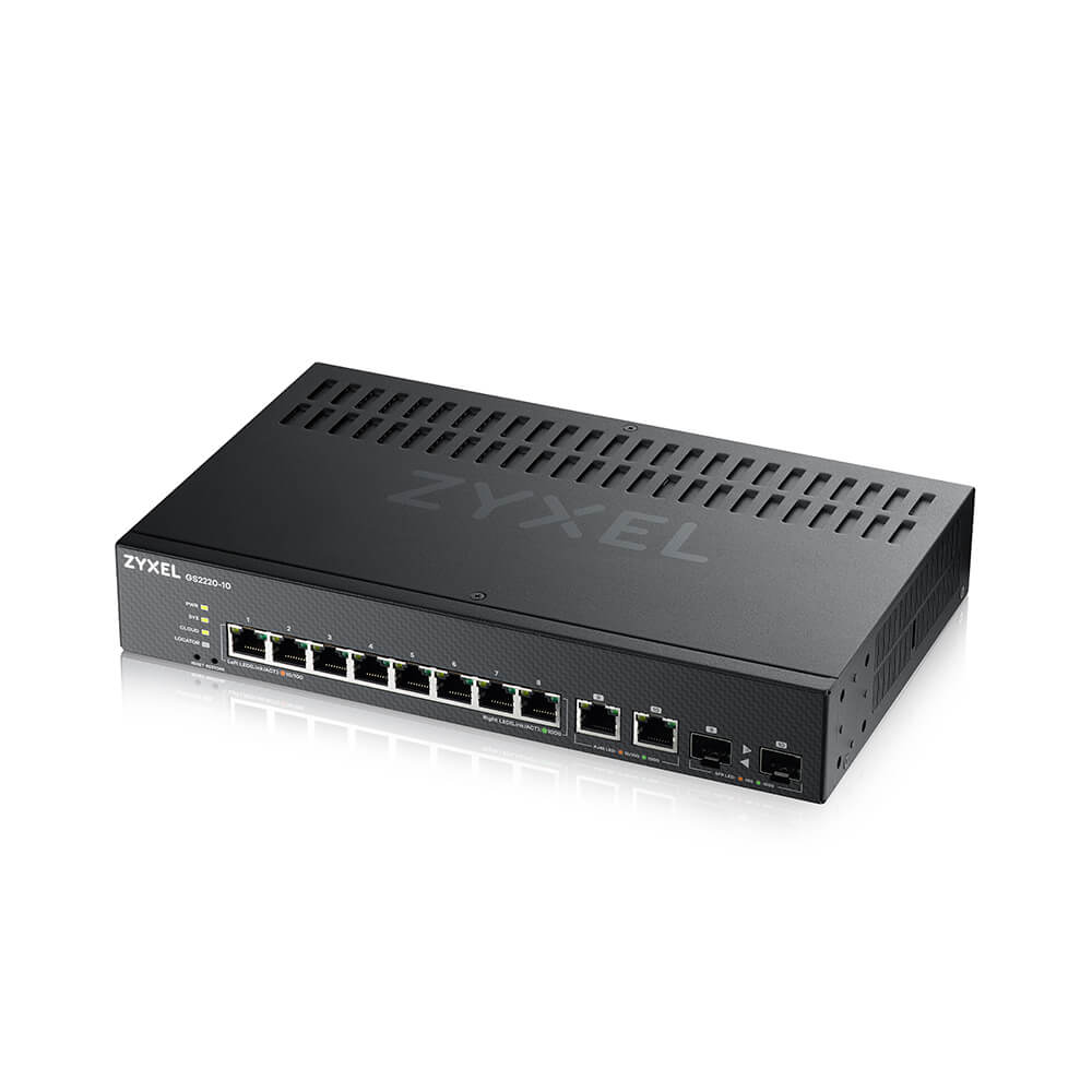 Zyxel Switch full managed Layer2+ 10 Port - 8x 1 GbE - 2x 1 Gb Combo - 19" - fara ventilator - NebulaFlex Pro - GS2220-10