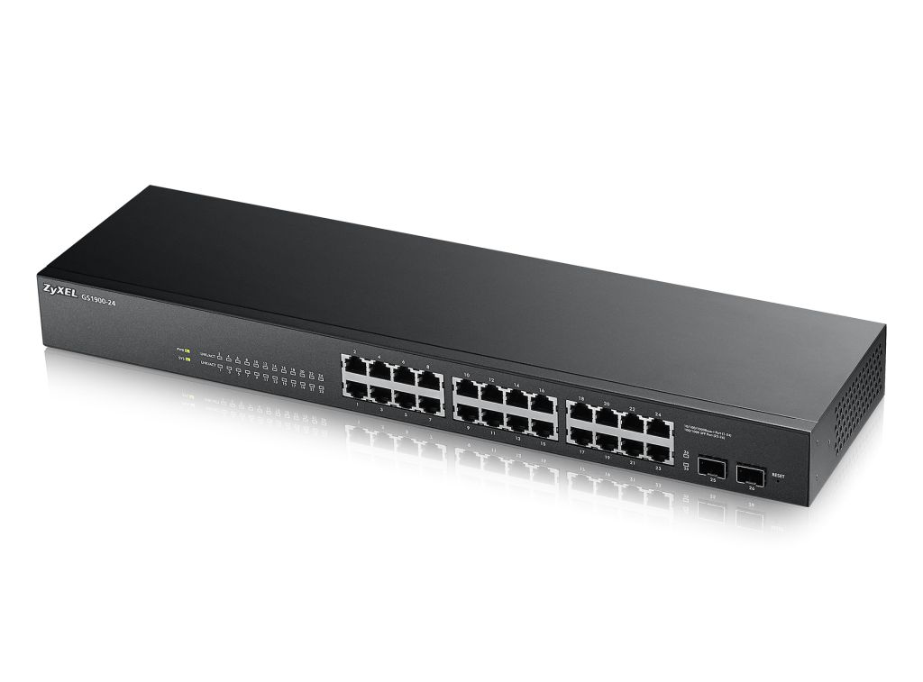 Zyxel Switch smart managed Layer2 26 Port - 24x 1 GbE - 2x SFP - 19" - fara ventilator - GS1900-24 V2