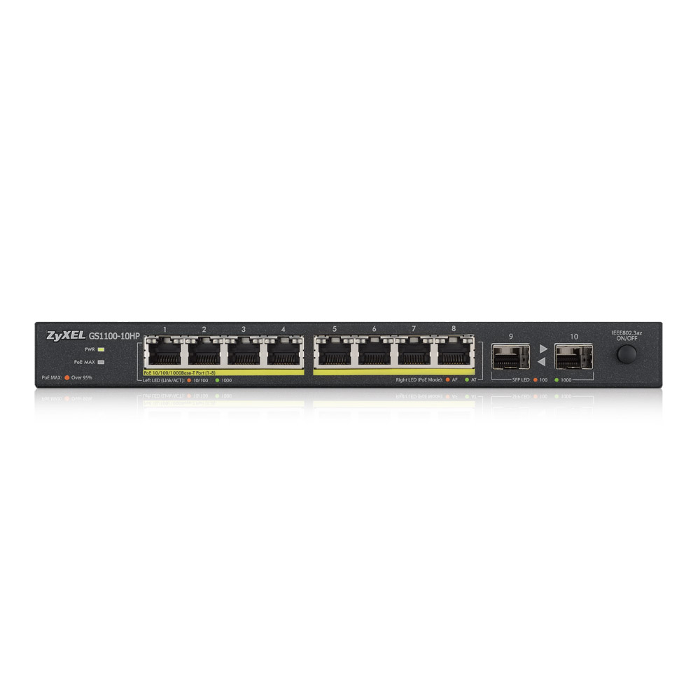 Zyxel Switch unmanaged Layer2 10 Port - 8x 1 GbE - PoE Budget 130 Watt - 8x PoE at - 2x SFP - Desktop - fara ventilator - GS1100-10HPV2