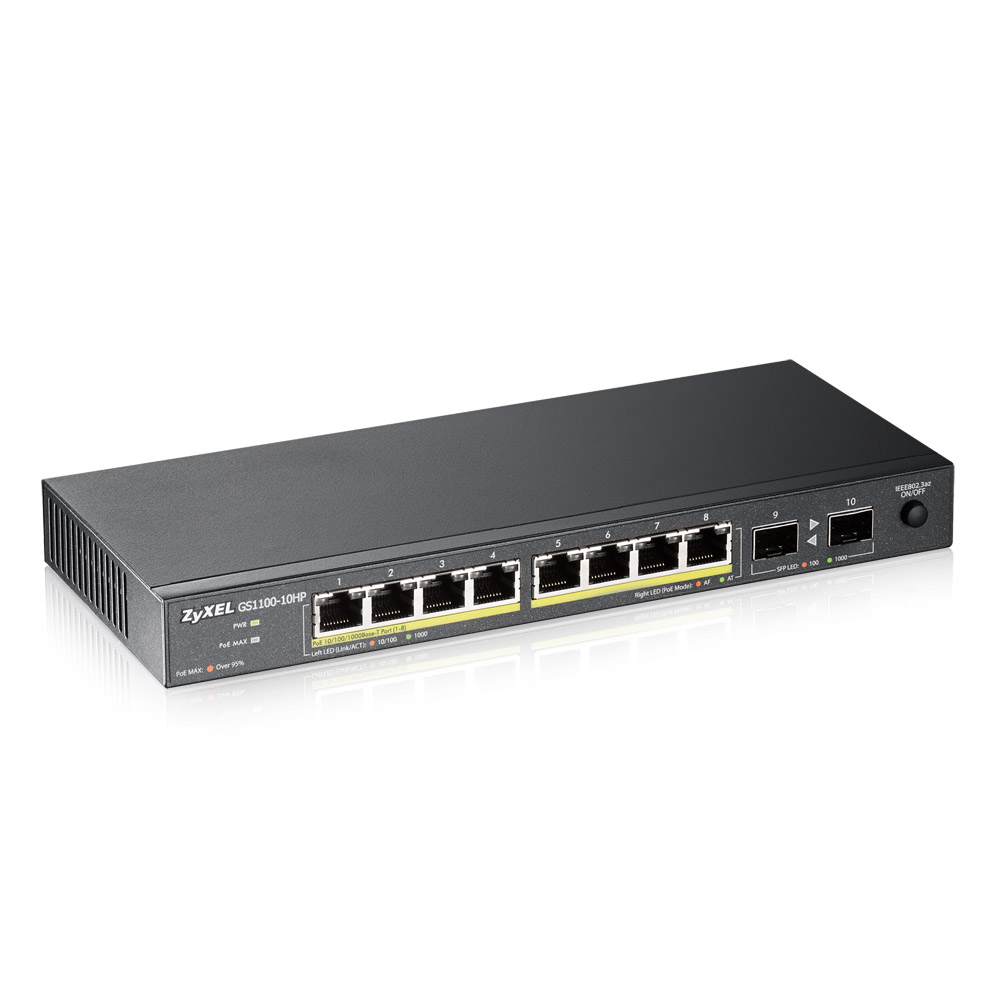 Zyxel Switch unmanaged Layer2 10 Port - 8x 1 GbE - PoE Budget 130 Watt - 8x PoE at - 2x SFP - Desktop - fara ventilator - GS1100-10HPV2 - imaginea 3