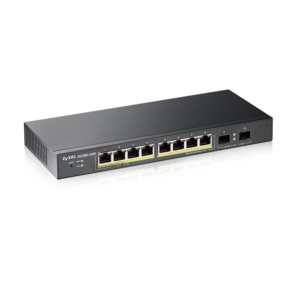 Zyxel Switch smart managed Layer2 10 Port - 8x 1 GbE - PoE Budget 77 Watt - 8x PoE at - 2x SFP - Desktop - fara ventilator - GS1900-10HP V2