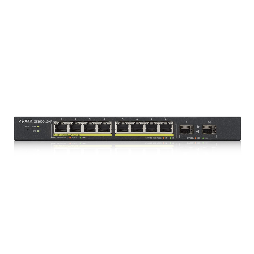 Zyxel Switch smart managed Layer2 10 Port - 8x 1 GbE - PoE Budget 77 Watt - 8x PoE at - 2x SFP - Desktop - fara ventilator - GS1900-10HP V2 - imaginea 3