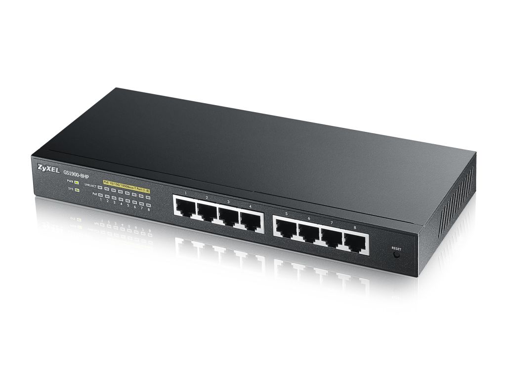 Zyxel Switch smart managed Layer2 8 Port - 8x 1 GbE - PoE Budget 77 Watt - 8x PoE at - Desktop - fara ventilator - GS1900-8HP V3