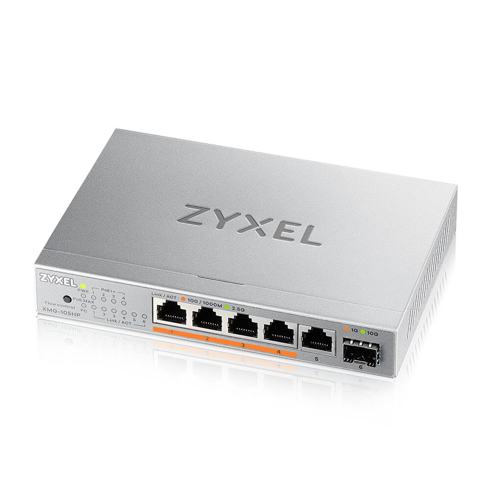Zyxel Switch unmanaged Layer2 5 Port - 5x 10/2.5 GbE - 1x SFP + - PoE Budget 70 Watt - 4x PoE bt - Desktop - fara ventilator - XMG-105HP