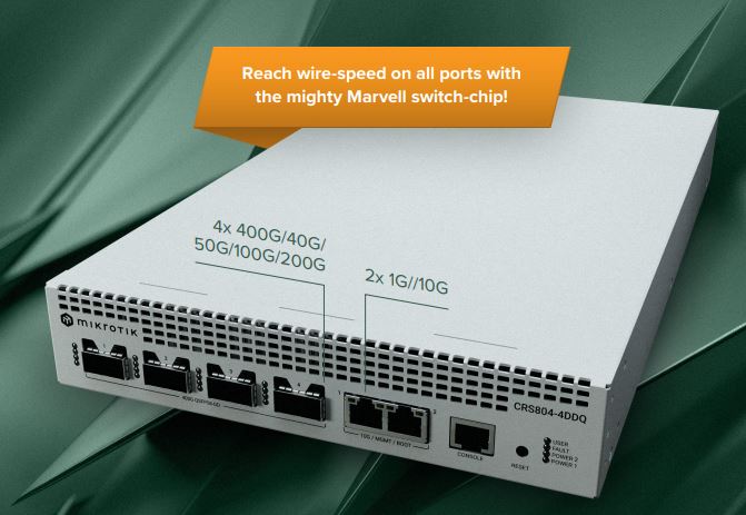 MikroTik Cloud Router Switch CRS804-4DDQ-hRM, 2x 10GB RJ45, 4x 400GB QSFP56, Hot-Swap, Rackmount