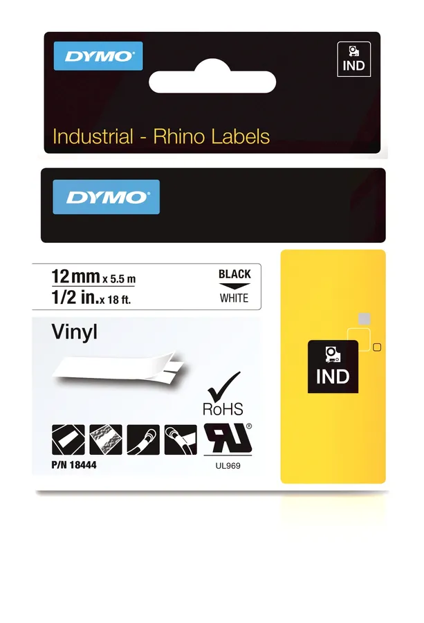 RHINO TAPE VINYL 12MM/5.5M/BLACK ON WHITE