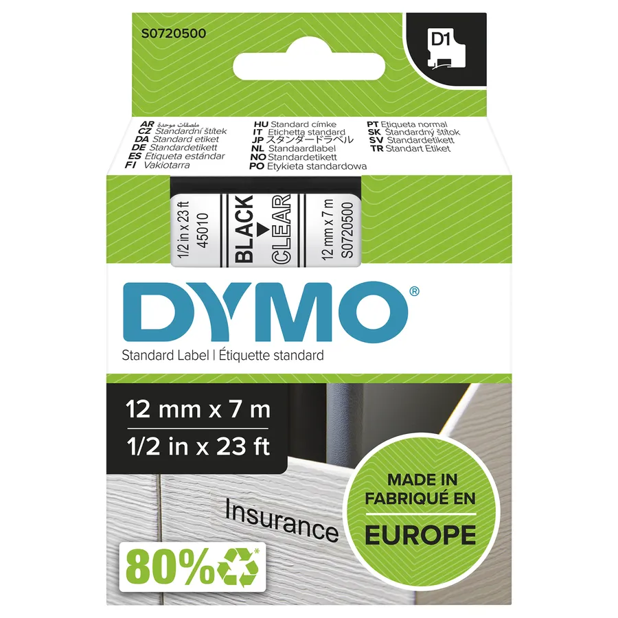D1-TAPE 12MM X 7M/BLACK ON TRANSPARENT