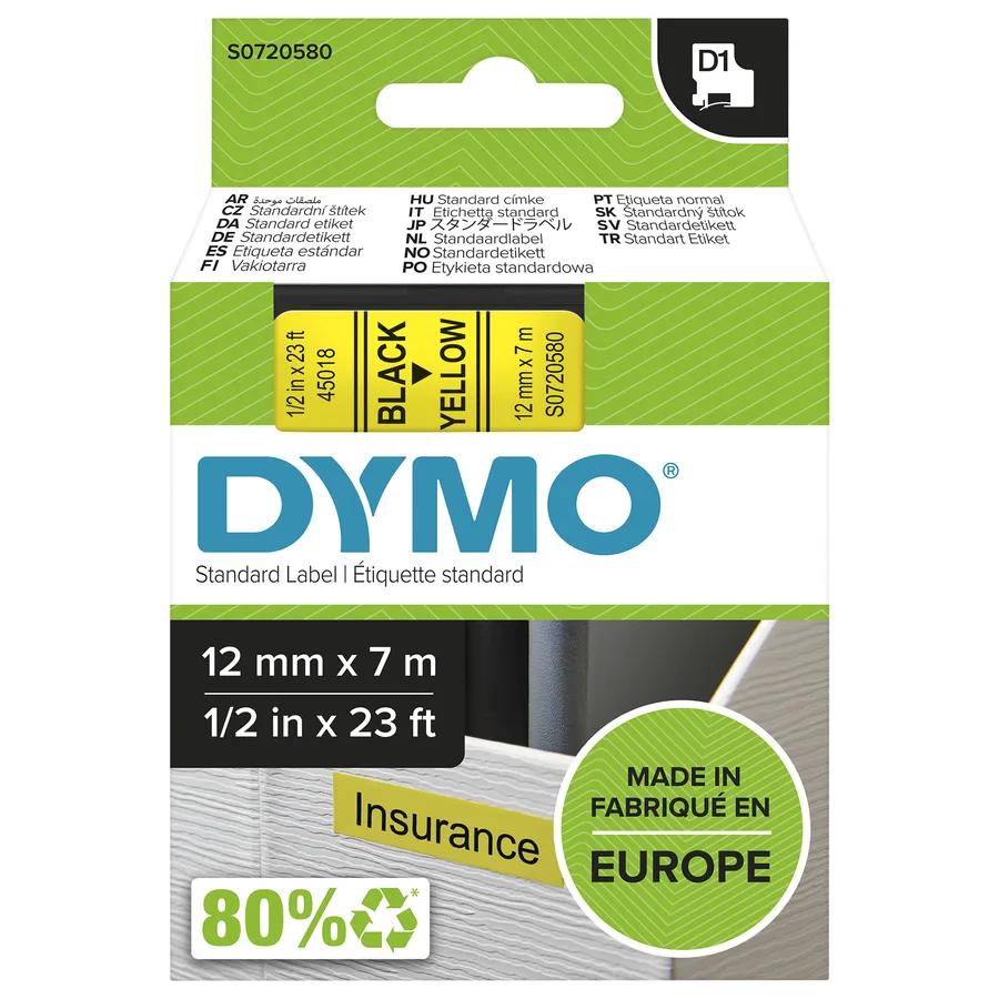 D1-TAPE 12MM X 7M/BLACK ON YELLOW