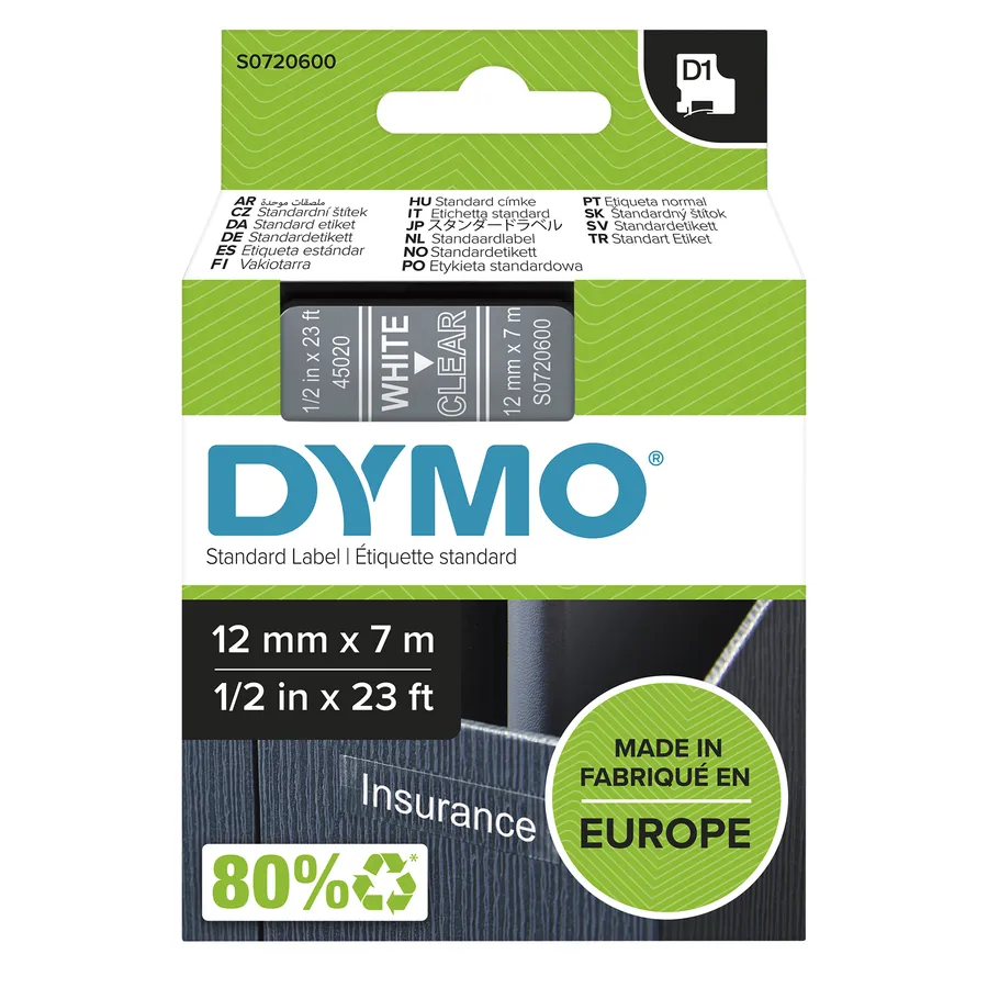 D1-TAPE 12MM X 7M/WHITE ON TRANSPARENT