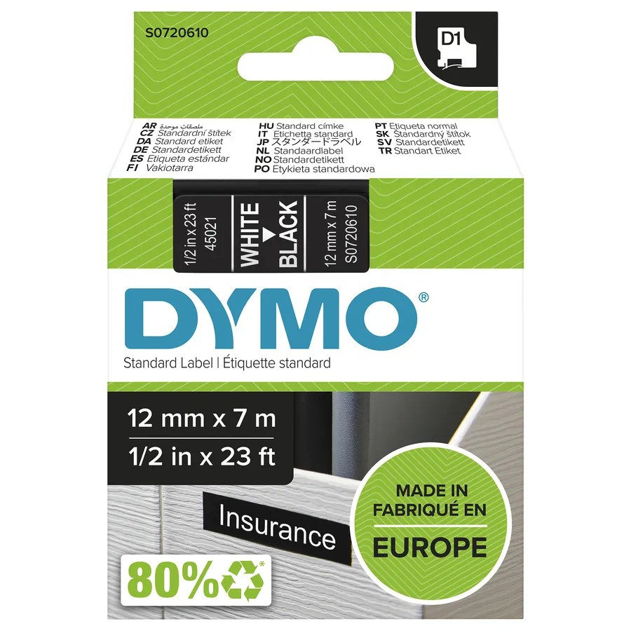 D1-TAPE 12MM X 7M/WHITE ON BLACK