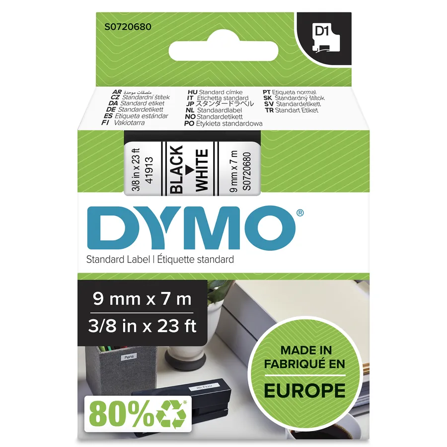 D1-TAPE 9MM X 7M/BLACK ON WHITE