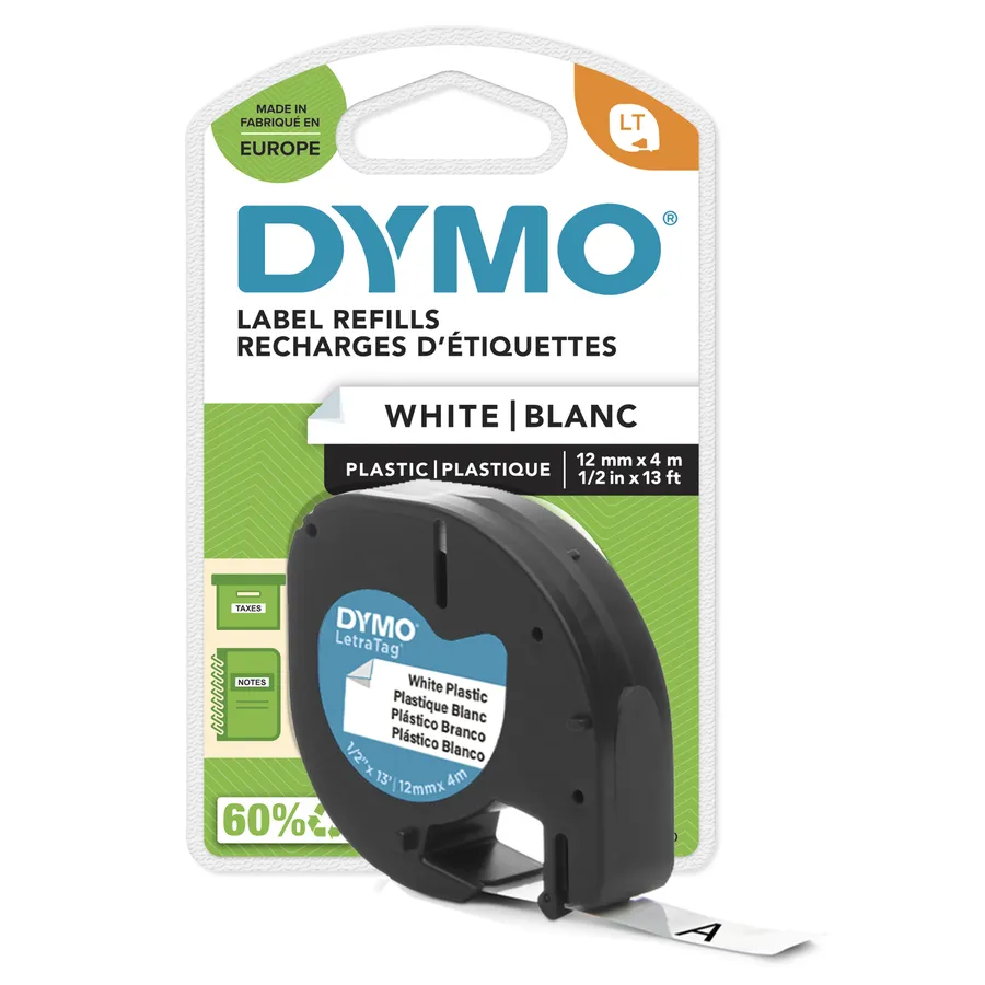 LT-TAPE 12MM/4M/BLACK ON WHITE PLASTIC