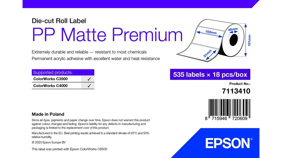 PP MATTE LABEL PREM DIE-CUT/ROLL 102X51MM 535 LABELS