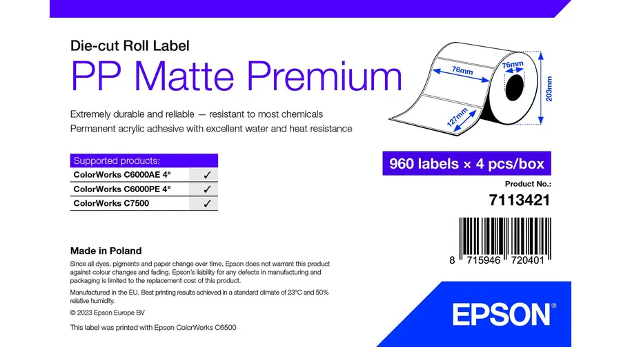 PP MATTE LABEL PREM DIE-CUT/ROLL 76X127MM 960 LABELS