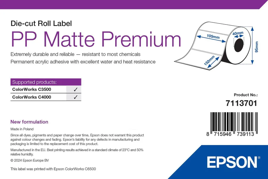 PP MATTE LABEL PREMIUM DIE-CUT/ROLL 105MM X 152MM 185 LABELS