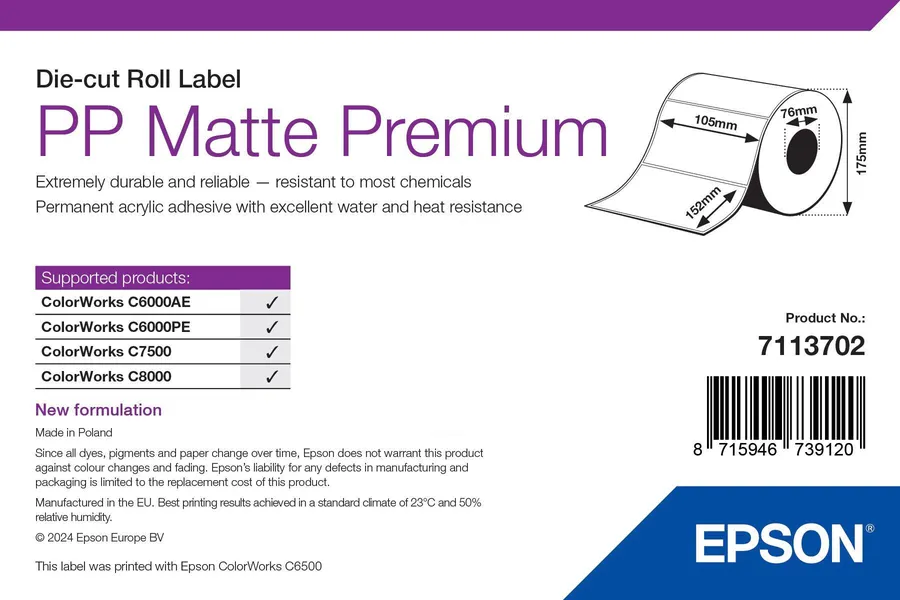 PP MATTE LABEL PREMIUM DIE-CUT/ROLL 105MM X 152MM 800 LABELS